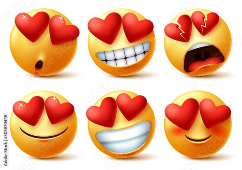 Emoticons or emojis face with heart eye vector set. Emoji of red hearts with in love, broken, blissful, happy and funny for love sign and symbol isolated in white background. Vector illustration.   photo