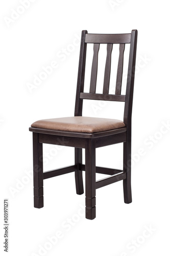 Classic brown wooden chair with a soft seat  with clipping path on a white background.