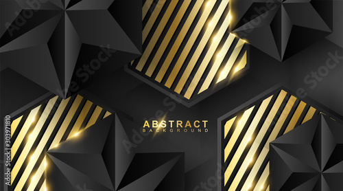 Abstract geometric background. 3D vector illustration. Triangle or black pyramid shape. hexagon with a golden stripe pattern.