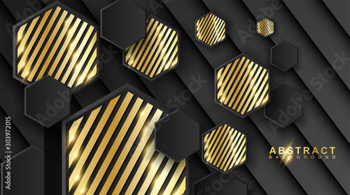 Abstract geometric background. 3D vector illustration. Triangle or black pyramid shape. hexagon with a golden stripe pattern.