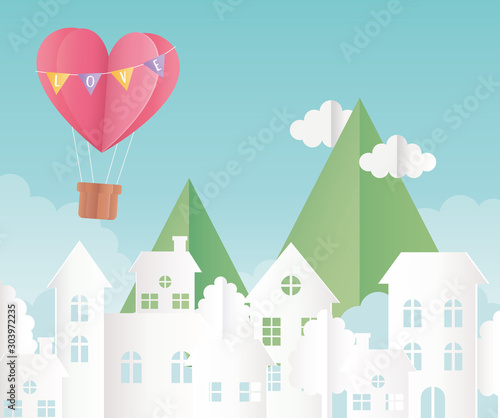happy valentines day origami paper air balloon heart balloons mountains clouds cityscape