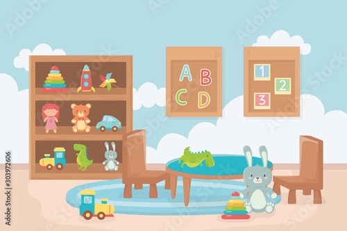 board with numbers alphabet table chair shelf room toys