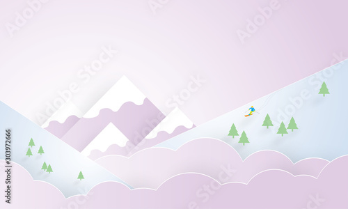 Winter landscape with mountain and skier  Winter season  Paper layer cut  Craft vector