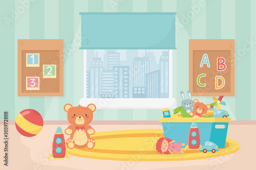 playroom toys board numbers alphabet ball bear bucket carpet window