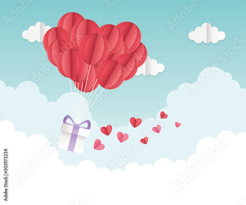 happy valentines day origami gift balloon hearts clouds