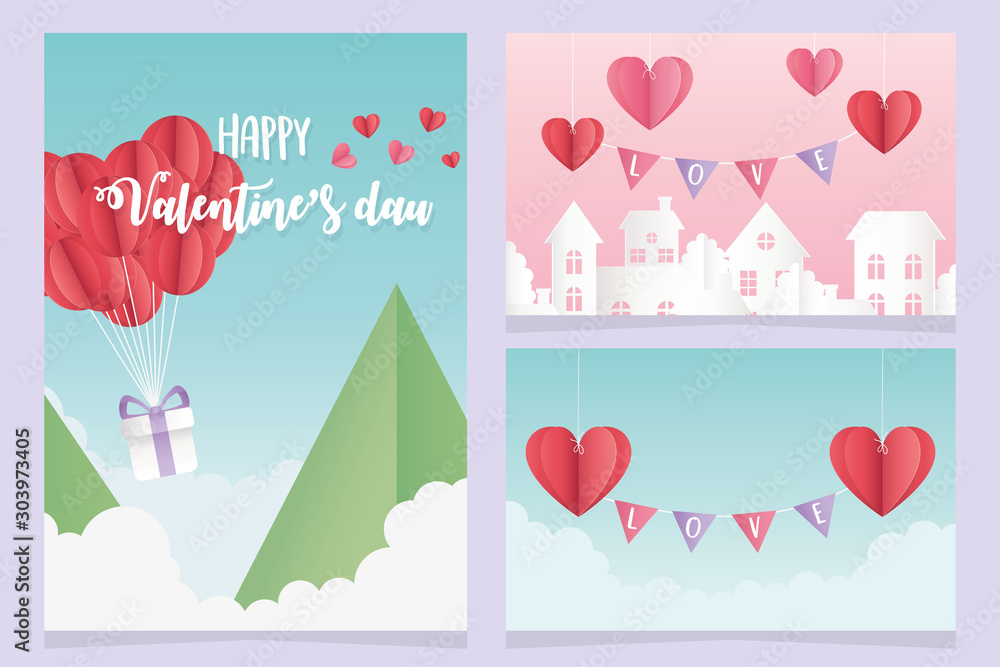 happy valentines day origami gift hearts balloons mountains