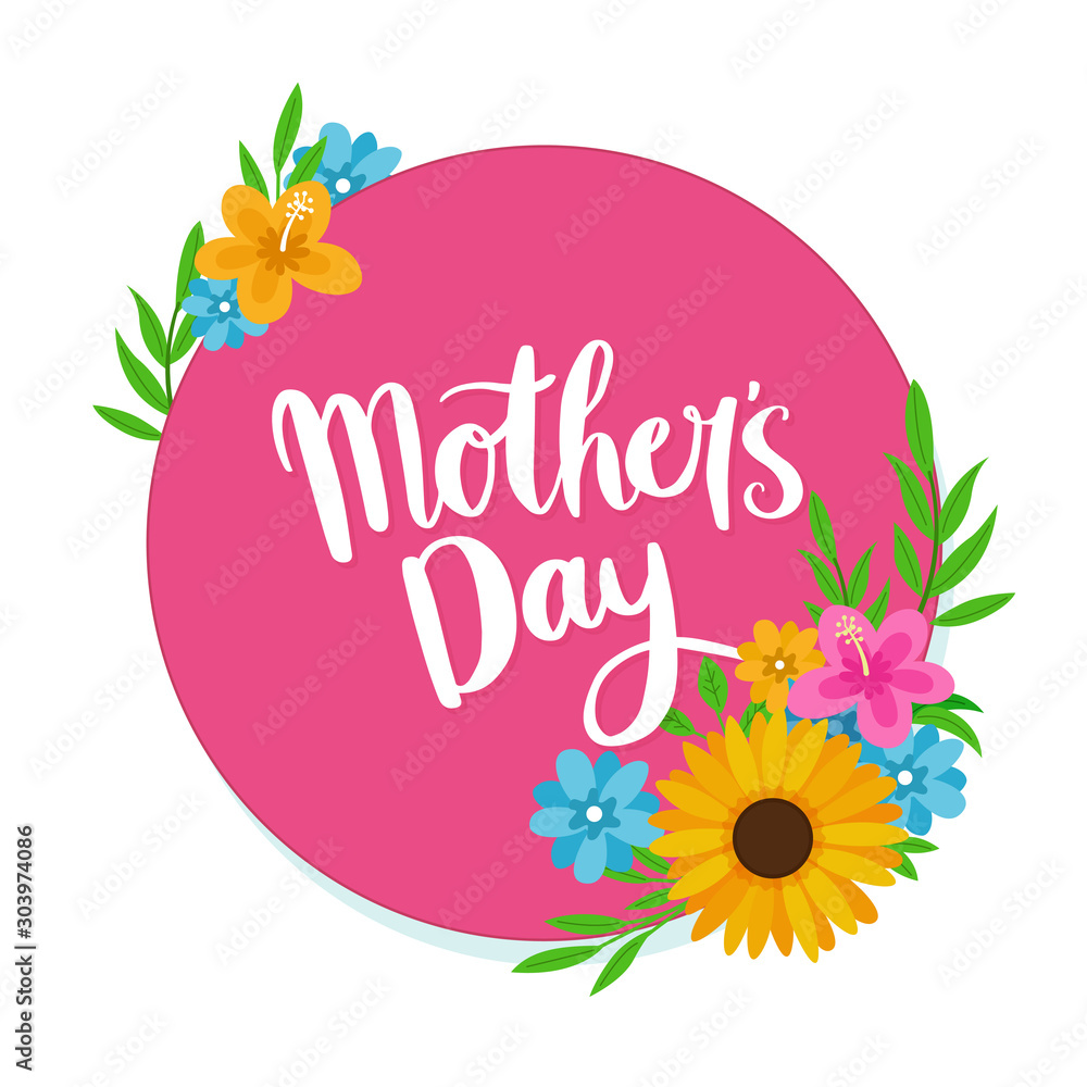 Happy Mother's Day poster background design with a variety of flowers decoration vector illustration and modern calligraphy lettering typography text.
