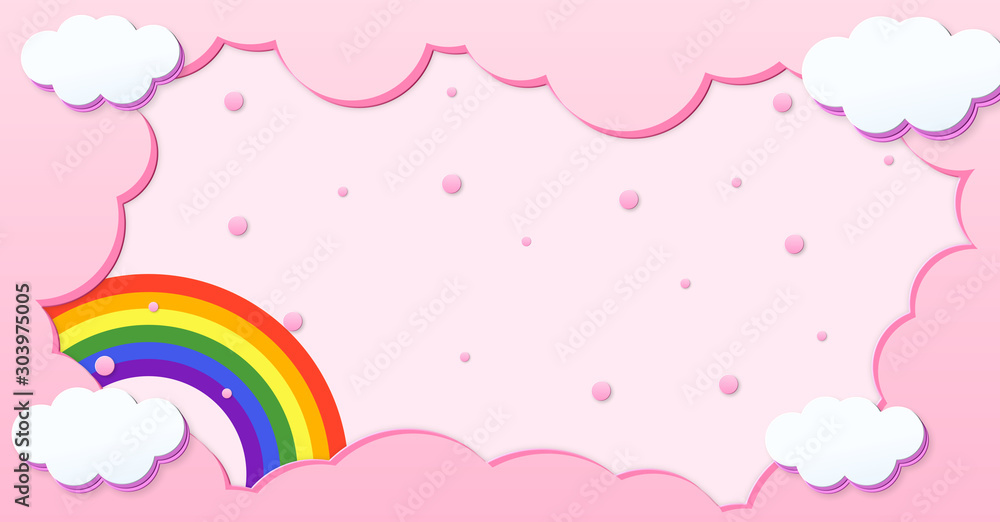 Festival pattern Abstract kawaii clouds cartoon on rainbow pink sky with snow background. Concept for children and kindergartens or presentation and christmas day