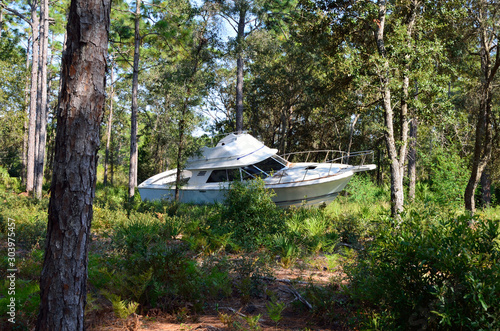 Konstfotografi boat stranded on land in forest
