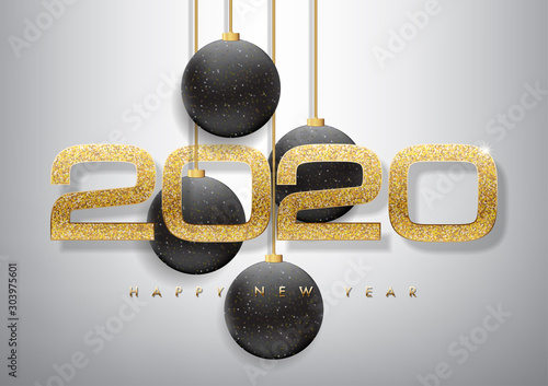 Merry christmas and happy new year 2020 vector greeting card and poster design with golden ribbon and star.