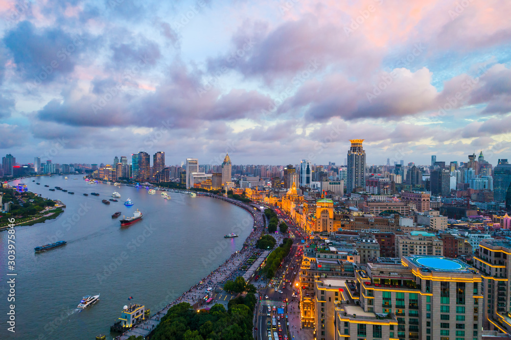 Aerial view of Shanghai skyline at night,China.