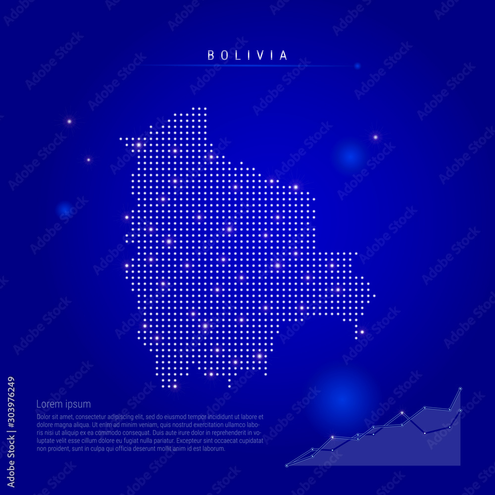 Bolivia illuminated map with glowing dots. Dark blue space background. Vector illustration