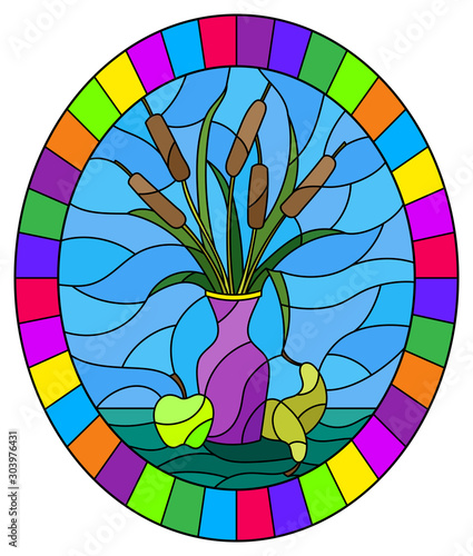 Illustration in stained glass style with bouquets of bulrush  in a brown vase , pears and apples on table on blue background, oval image in bright frame