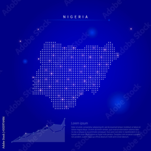 Nigeria illuminated map with glowing dots. Dark blue space background. Vector illustration