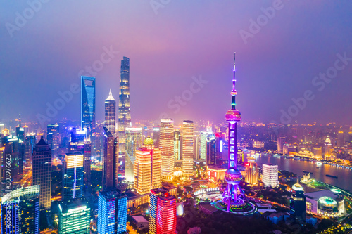 Aerial view of Shanghai skyline at night China.