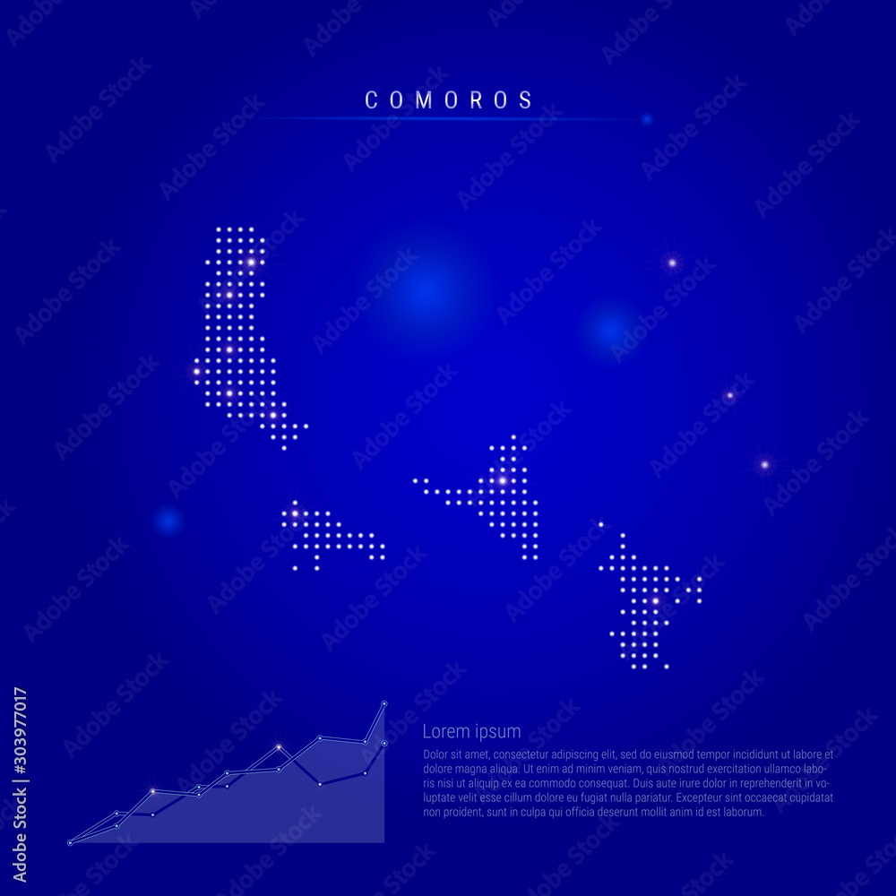 Fototapeta premium Comoros illuminated map with glowing dots. Dark blue space background. Vector illustration