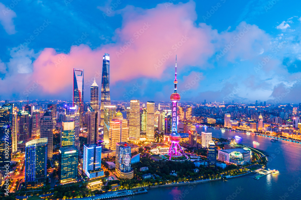Εκτύπωση καμβά Aerial view of Shanghai skyline at night,China.