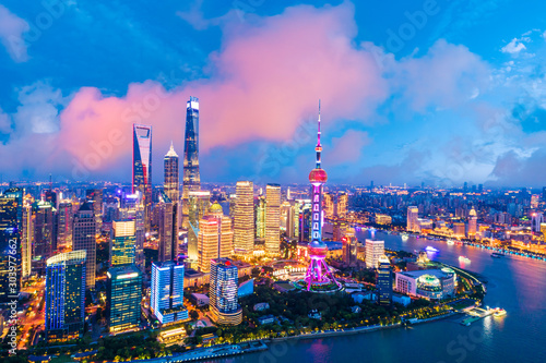 Photography Aerial view of Shanghai skyline at night,China.