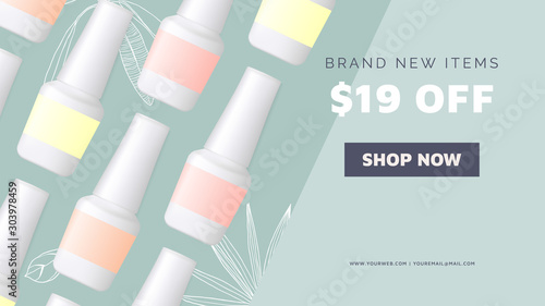 Cosmetics banner mockup template design, multiple nail polish bottles decorated with outline hand drawn leaves, blue tones