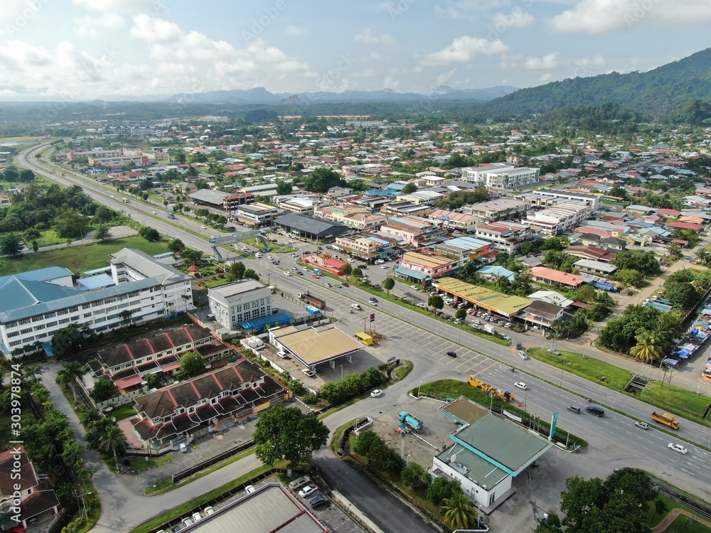 Kuching, Sarawak / Malaysia - November 20 2019: Aerial view of the Siburan village at Mile 17 of the Kuching-Serian Road, Sarawak.