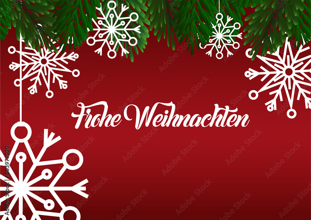 Merry Christmas in German language vector illustration. Beautiful realistic background.