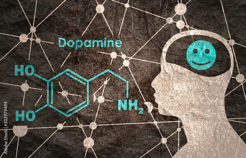Chemical molecular formula hormone dopamine. Silhouette of a man head. Connected lines with dots background photo