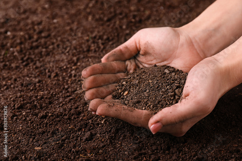Female hands with brown soil
