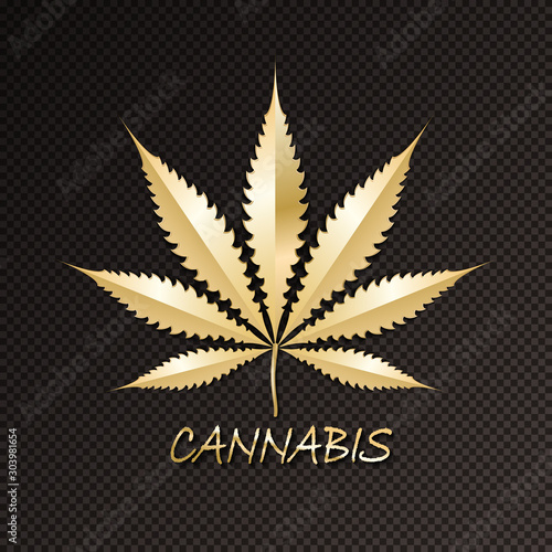 Cannabis Calligraphic Logo Lettering with Flat Marijuana Leaf Glossy Gold and Silver Metallic Style - Golden and Silver Elements on Black Rough Paper Background - Vector Gradient Graphic Design