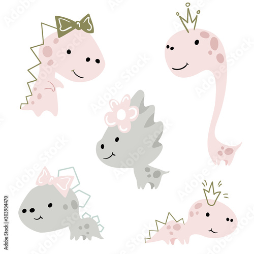 Dinosaur baby girl cute print set. Sweet dino princess with crown and bow.