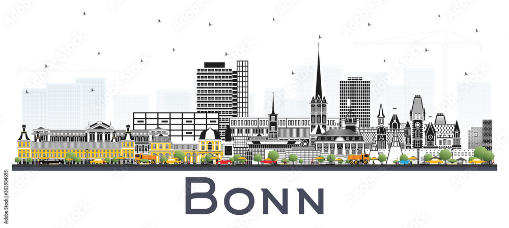 Bonn Germany City Skyline with Color Buildings Isolated on White.