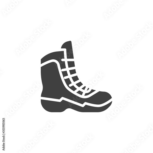 Hiking boot vector icon. Shoe filled flat sign for mobile concept and web design. Boot for snowboarding glyph icon. Sport footwear symbol, logo illustration. Vector graphics