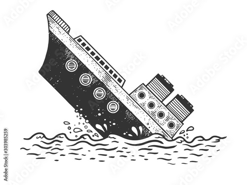 Sinking steamboat ship sketch engraving vector illustration. T-shirt apparel print design. Scratch board style imitation. Hand drawn image.
