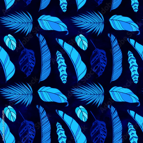 Quadro su tela Seamless watercolor tropic leaves pattern