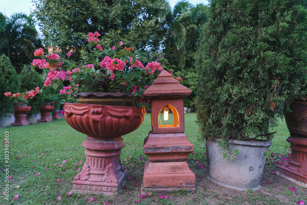 Red stone lantern and flower pot