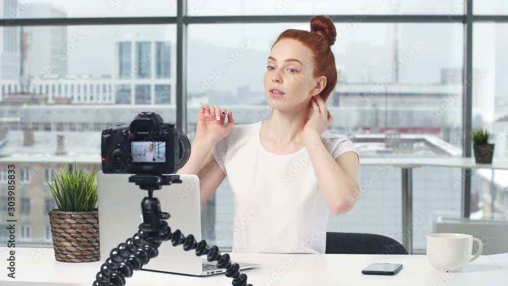 Girl beauty blogger conducts online training, maintains a blog, records a training video. Girl beauty blogger conducts online training, maintains a blog, records a training video.