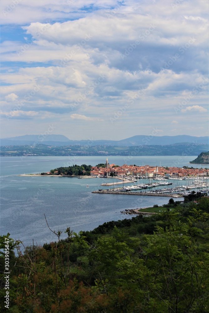 View from top to Izola city, Primorska, Slovenia. Harbor view