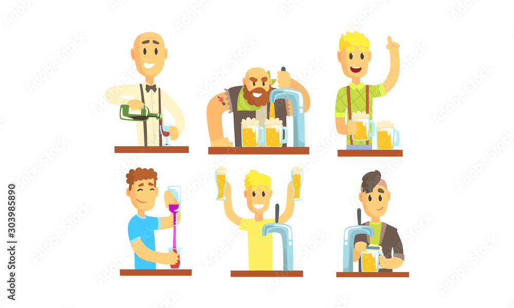 Barman Mixing and Pouring Alcoholic Beverages Vector Illustrations Barman Mixing and Pouring Alcoholic Beverages Vector Illustrations