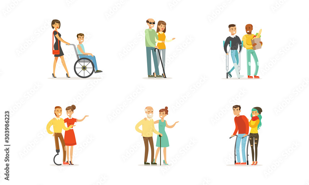 Disabled and Old People and Friends Helping Them Vector Illustrations