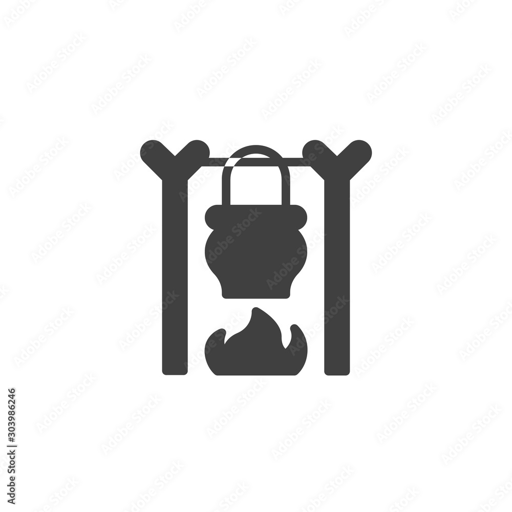Fototapeta premium Camping pot over bonfire vector icon. filled flat sign for mobile concept and web design. Pot on fire glyph icon. Symbol, logo illustration. Vector graphics
