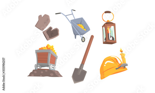 Gold Mining Attributes Vector Set. Mineral Crystal Searching Collection