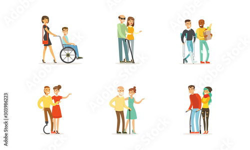 Disabled and Old People and Friends Helping Them Vector Illustrations