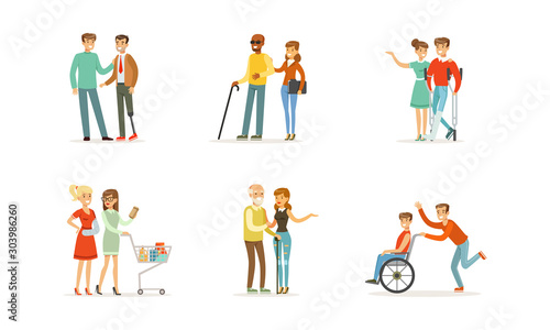 Disabled and Old People and Friends Helping Them Vector Illustrations © topvectors
