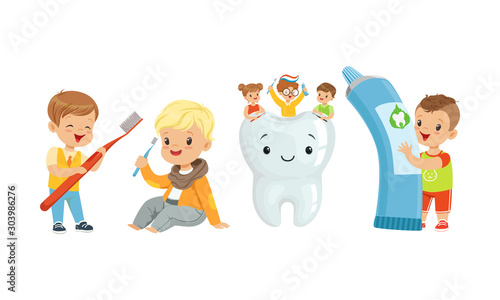 Little Kids Taking Care of Tooth Purity Brushing it With Toothbrush Vector Illustration