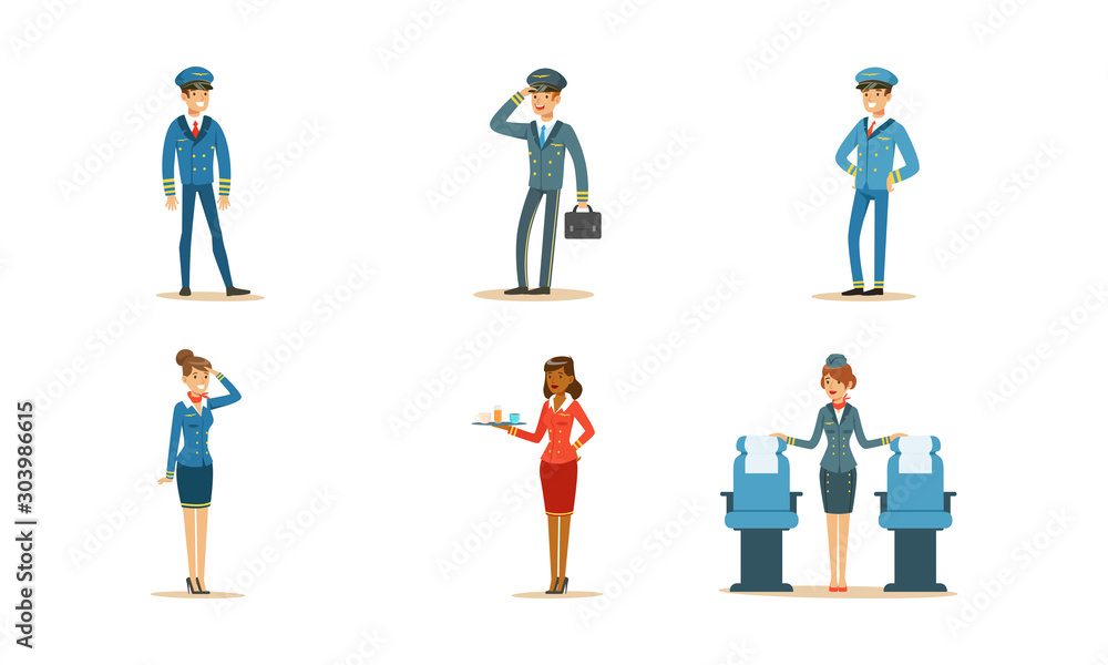 Aircraft Staff Characters. Stewardess Serving Drinks on the Plane Vector Illustrations Set