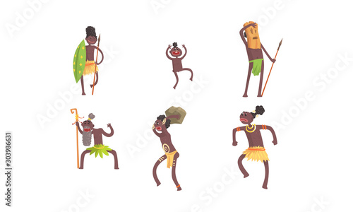 African Tribal Characters Vector Set. Man Wearing Mask and Dancing Voodoo Dance © topvectors