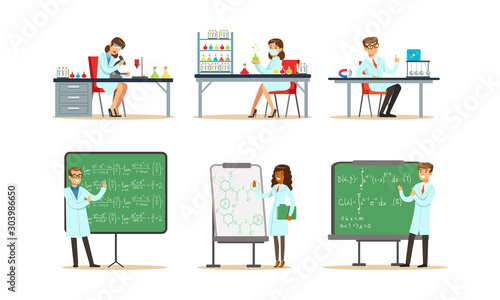 Scientists Doing Researches and Calculations in the Laboratory Vector Illustrations Set