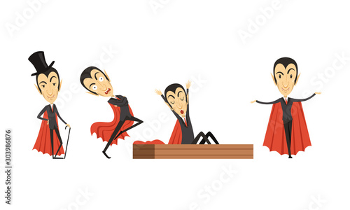 Count Dracula Cartoon Character in Different Poses Vector Set