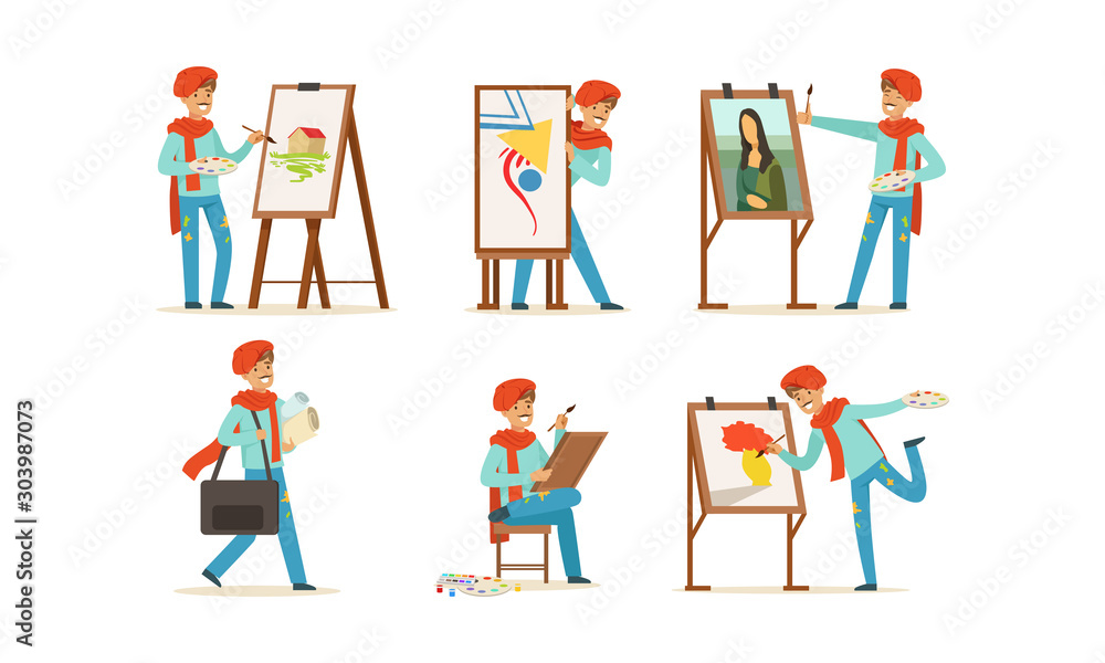 Artist Character Painting on Canvas Vector Set