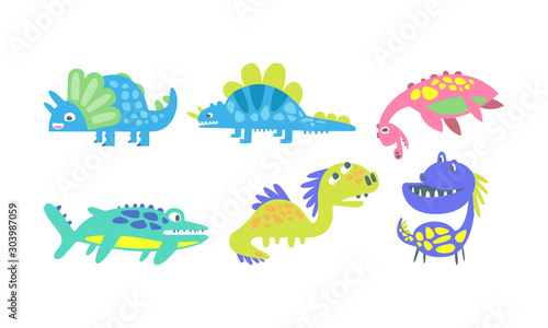 Cute Cartoon Dinosaur Characters Vector Set. Kid Fantasy Design