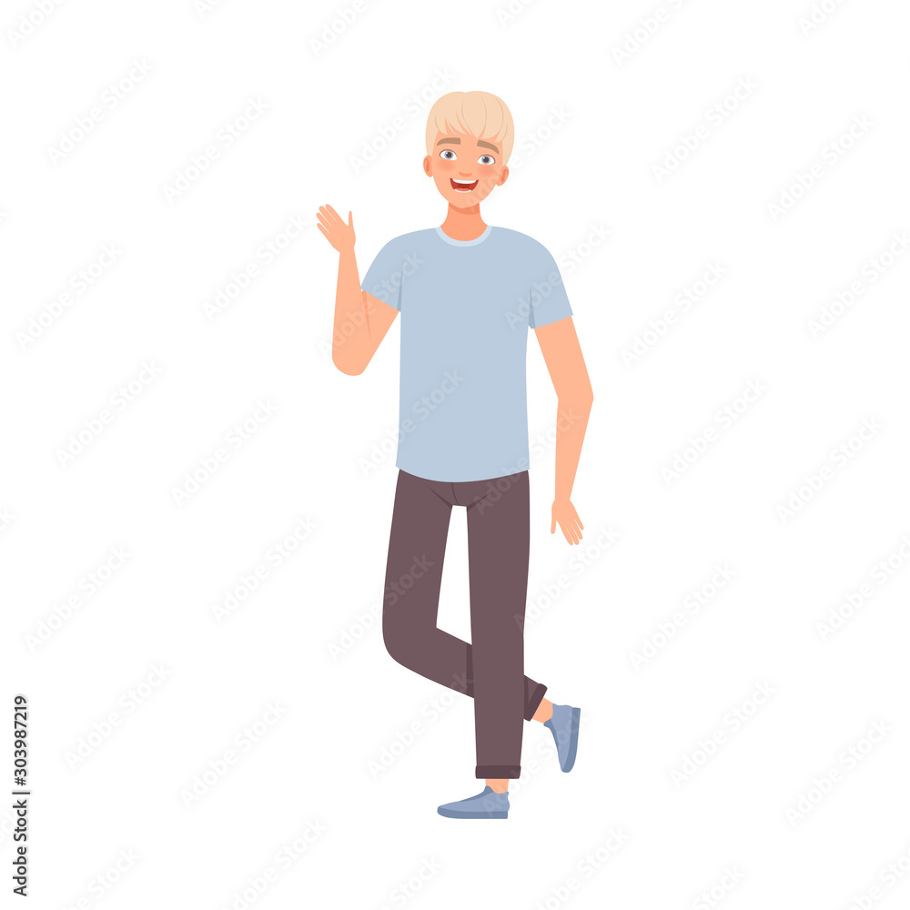 Blond Teenager Boy Stands Waving With Hand Flat Vector Illustration Blond Teenager Boy Stands Waving With Hand Flat Vector Illustration